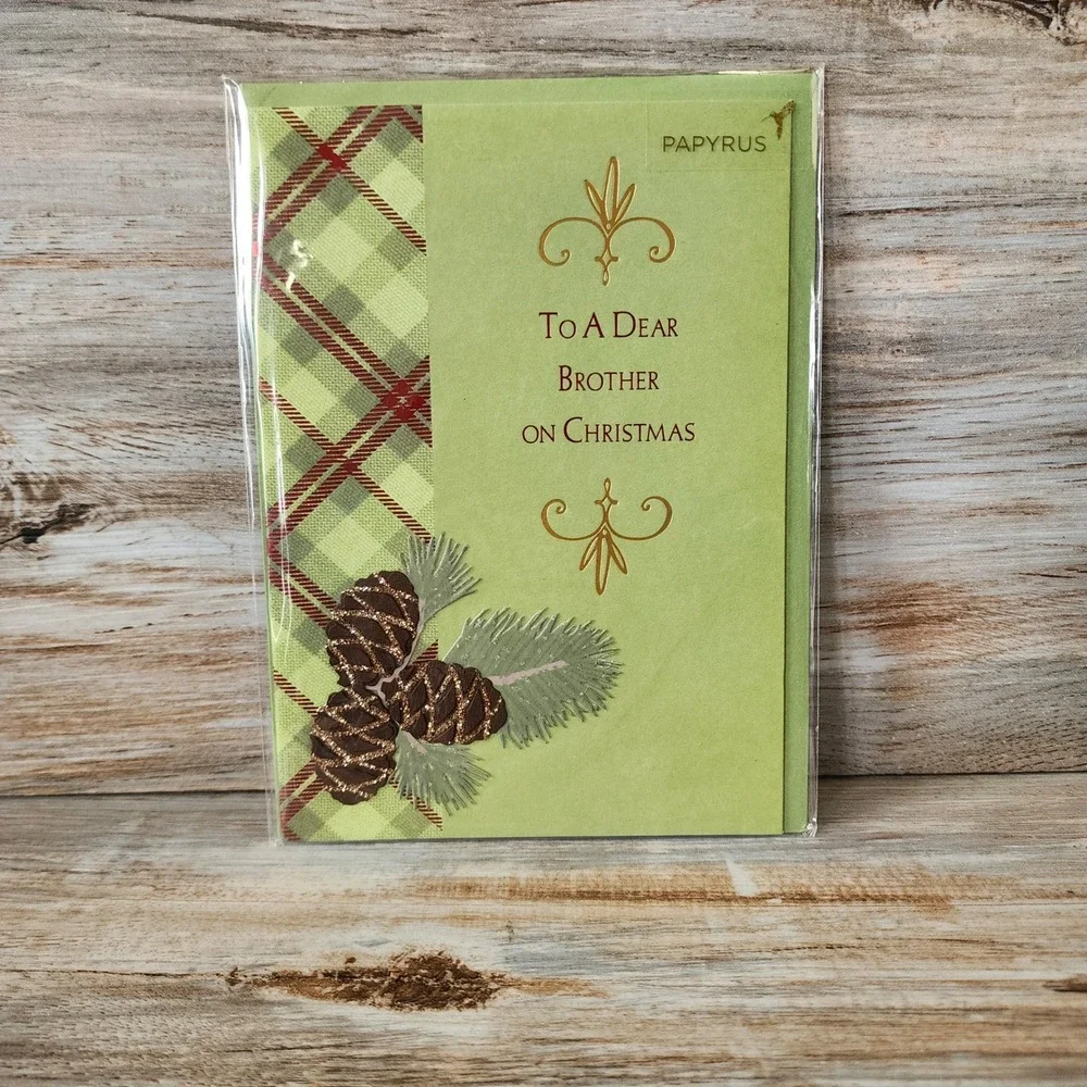 Papyrus Christmas Card for Brother Pinecones Plaid Gold Foil 07086612